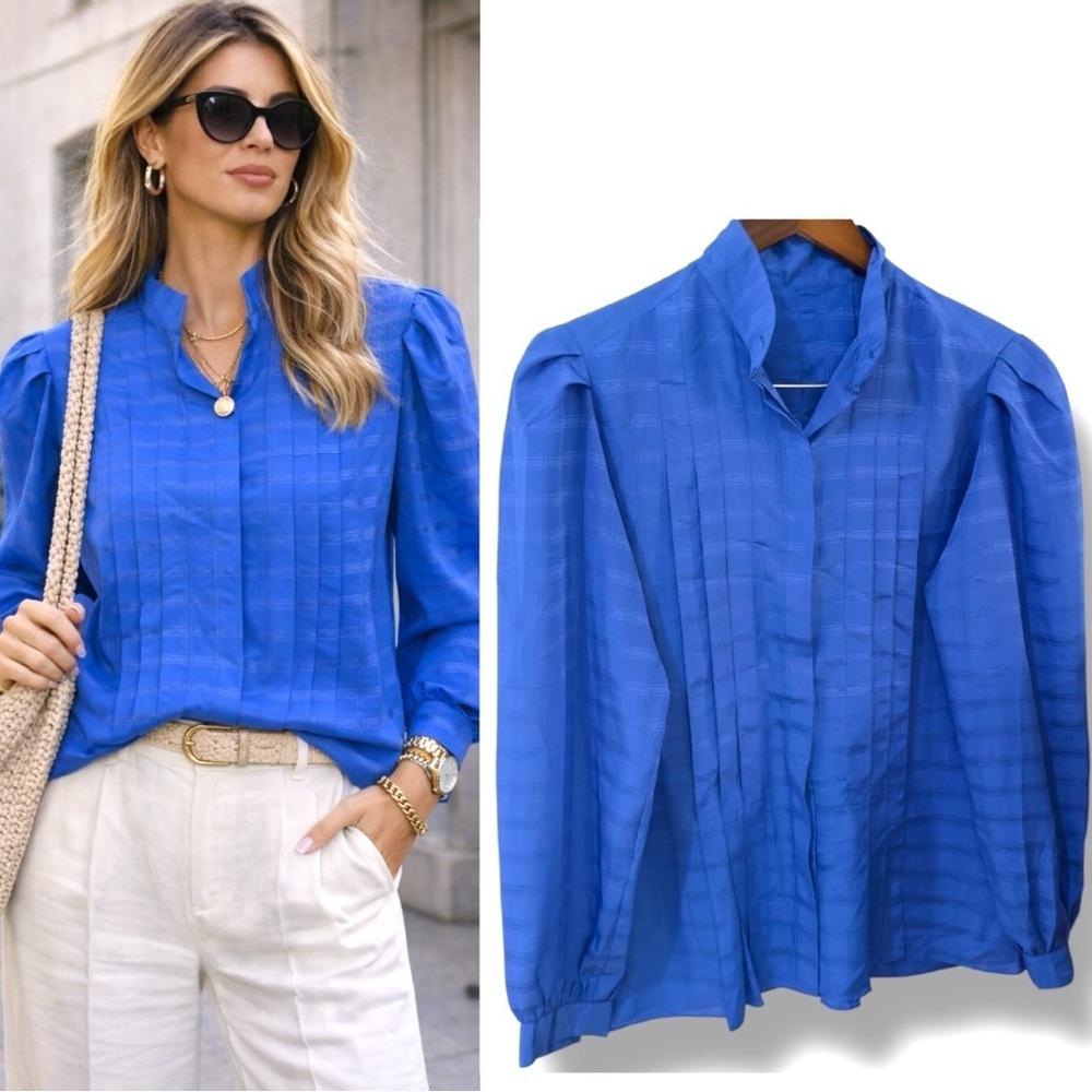 NWOT Royal Blue Pleated Textured Puff Long-Sleeve Blouse (size M)